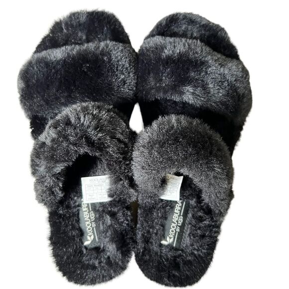 KOOLABURRA BY UGG FUZZ ON FAUX-FUR SLIDE ON BLACK SANDALS - Picture 11 of 12